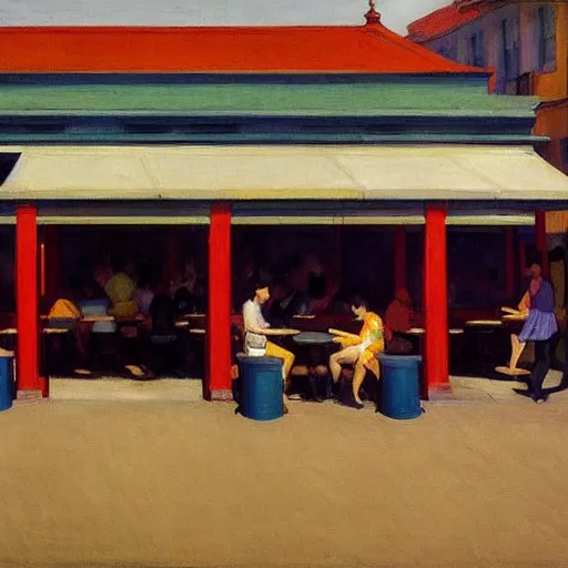 Image similar to A hawker centre painted by Edward Hopper