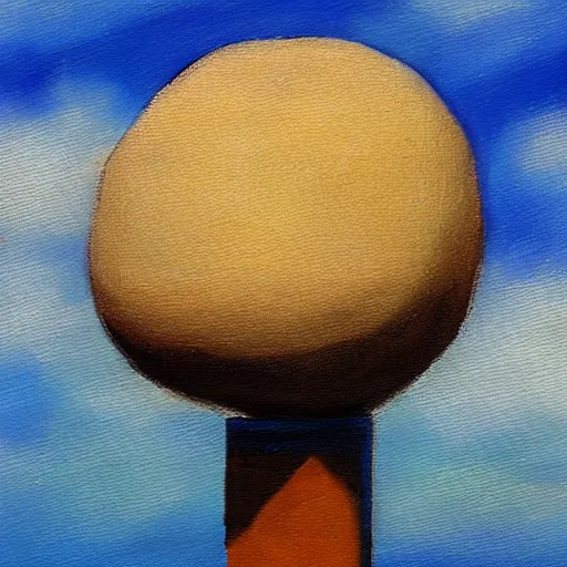 Image similar to impressionist painting of a round boulder on a pedestal smoking a cigarette, brown background