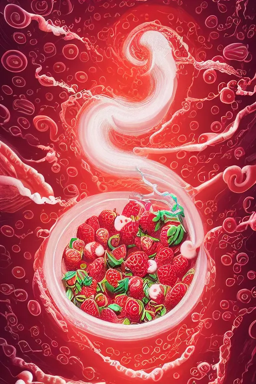 Prompt: a hyperdetailed exquisite delicate spiral structure strawberries fight with floating milk fluid scene, plane illustration, poster, james jean, milk cubes, strawberry granules, top milk brands, 4 k hd wallpaper illustration, package cover