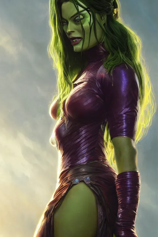 Image similar to margot robbie as gamora, detailed, 8 k, trending on artstation, smooth, sharp focus artwork by mark arian, artgerm, mark keathley, greg rutkowski and alphonse mucha