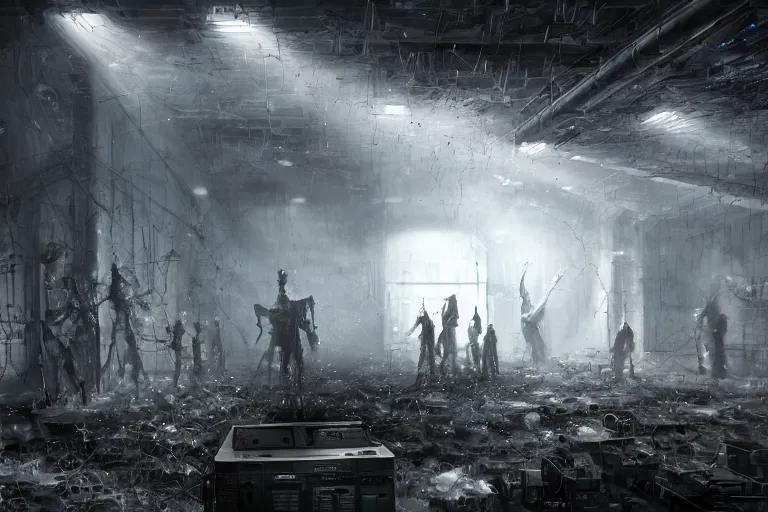 Image similar to parallax volumetric coherent gloomy colossal ruined server room in datacenter by eddie mendoza blender robot figure automata headless drone robot knight welder posing pacing fixing soldering mono sharp focus, emitting diodes, smoke, artillery, sparks, racks, system unit, motherboard, artstation cgsociety artofmtg hyperrealism cinematic dramatic painting concept art of detailed character design