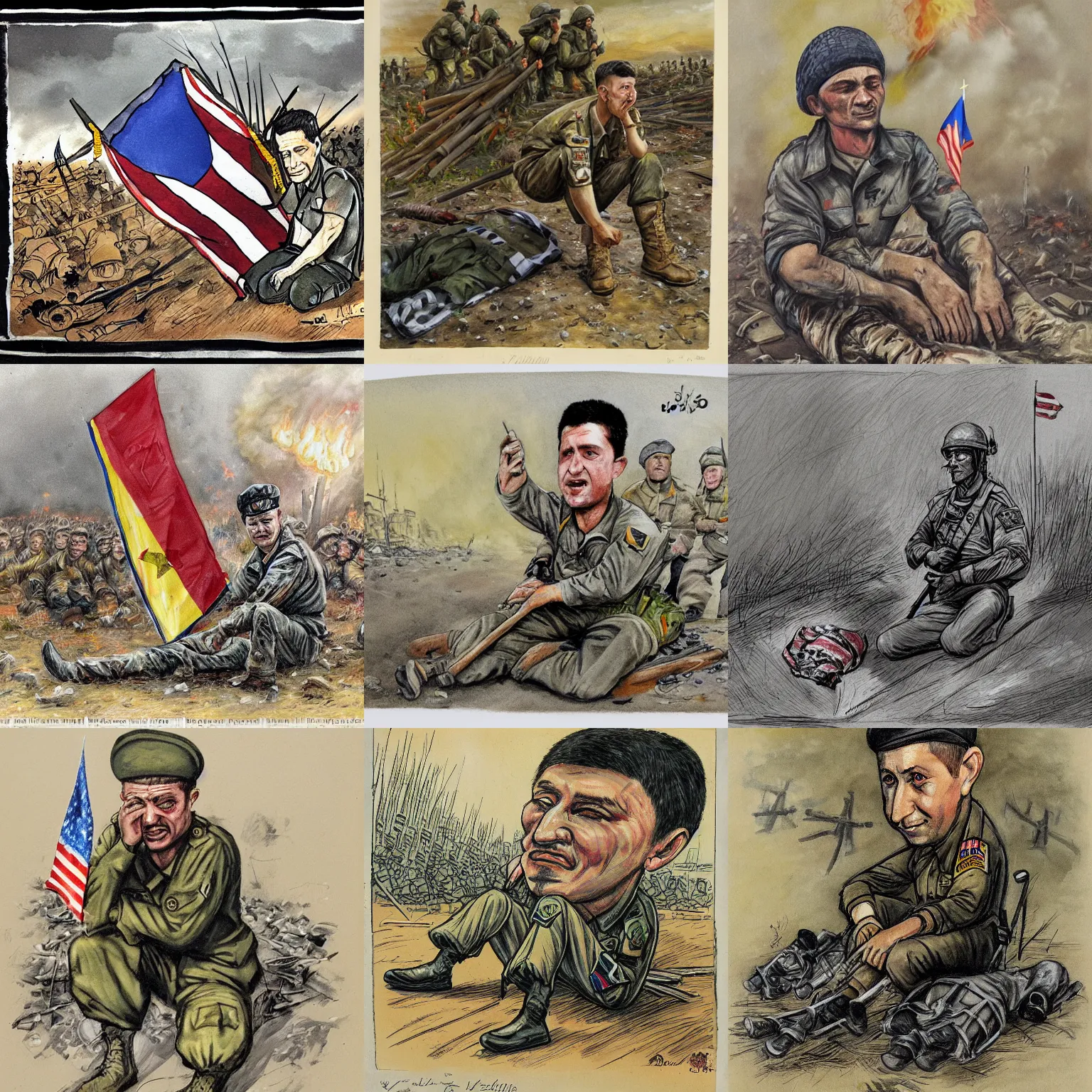 Prompt: a caricature of Volodymyr Zelensky at war, dressed like a Vietnam war American soldier , sitting on the ground between dead corpses , crying and weeping, holding a half burnt flag of Ukraine, by Boris Yefimovich Yefimov