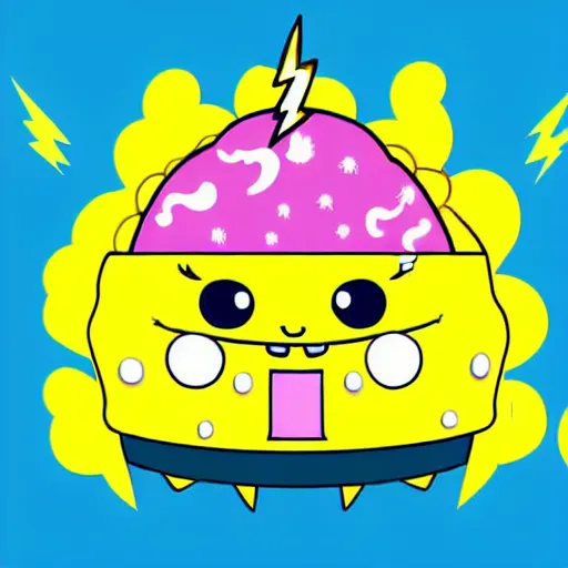 Image similar to kawaii wacky fluffy popcorn with lightning bolt power, with golden helmet, yokai, in the style of a mamashiba, with a yellow beak, with a toroidal energy field, with a smiling face and flames for hair, sitting on a lotus flower, white background, simple, clean composition, symmetrical, suitable for use as a logo