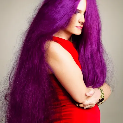 Prompt: a incredibly beautiful woman with long purple hair, looking at the camera, wearing a red dress, highly detailed 4k image, award winning