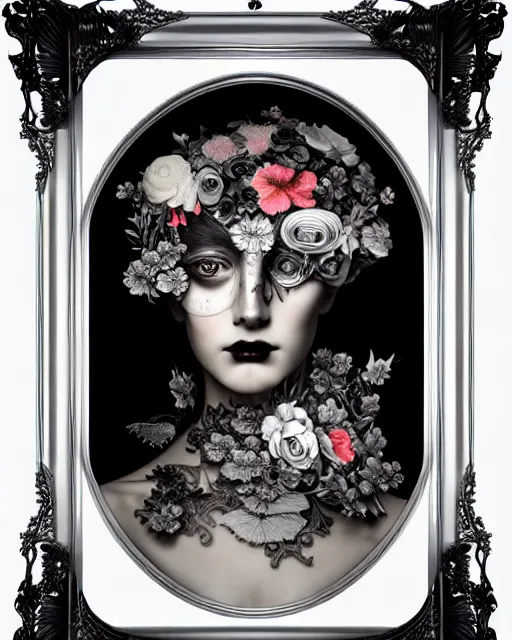 Prompt: masterpiece monochrome profile portrait painting, dutch masters, silver lace floral steampunk biomechanical beautiful one techno eye young female cyborg, big monocular, volumetric light, leaves foliage and stems, hibiscus flowers, alexander mcqueen, rim light, big gothic fashion pearl embroidered collar, 8 k