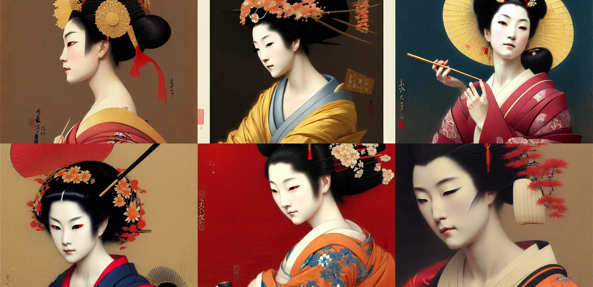 Prompt: gorgeous japanese geisha wearing headdress, make-up, intricate, elegant, highly detailed, artstation, concept art, smooth, sharp focus, illustration, art by and greg rutkowski and orientalism and bouguereau