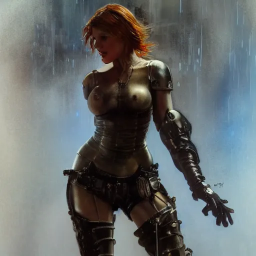 Image similar to bella thorne wearing leather armor, hyperrealistic full figure, bladerunner street alley, art of elysium by frank frazetta and by jeremy mann and by alphonse mucha, fantasy art, photo realistic, dynamic lighting, artstation, full figure poster, volumetric lighting, very detailed face, 4 k, award winning