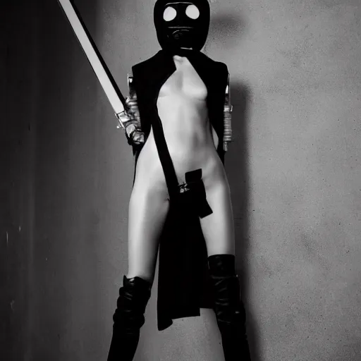 Prompt: fashion black and white photography of an extraterrestrial model, holding a sword, wearing demobaza fashion, inside berghain, berlin fashion, harness, futuristic fashion, dark minimal outfit, photo 3 5 mm leica, hyperdetail, berghain, 8 k, very detailed, photo by nick knight