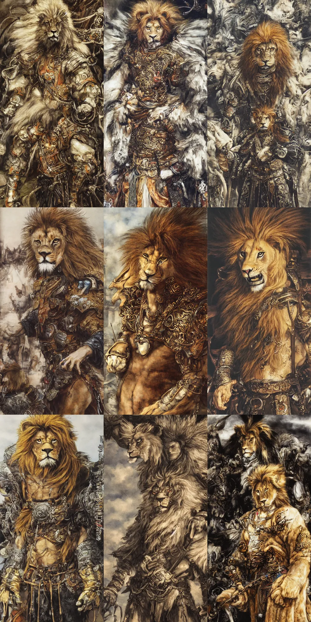 Image similar to 8 k yoshitaka amano painting of upper body of a young cool looking lion beastman with white mane at a medieval market at windy day. depth of field. he is wearing complex fantasy clothing. he has huge paws. renaissance style lighting.