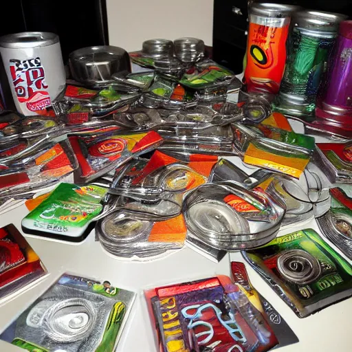 Prompt: a table full of energy drinks ash trays cigarette buds and cd's in a smokey room