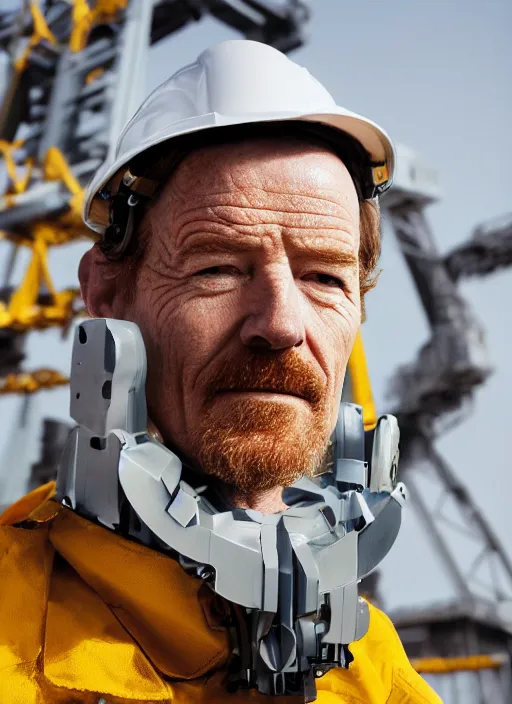 Image similar to closeup portrait of mecha bryan cranston with construction crane frame arms, yellow hardhat, natural light, bloom, detailed face, magazine, press, photo, steve mccurry, david lazar, canon, nikon, focus