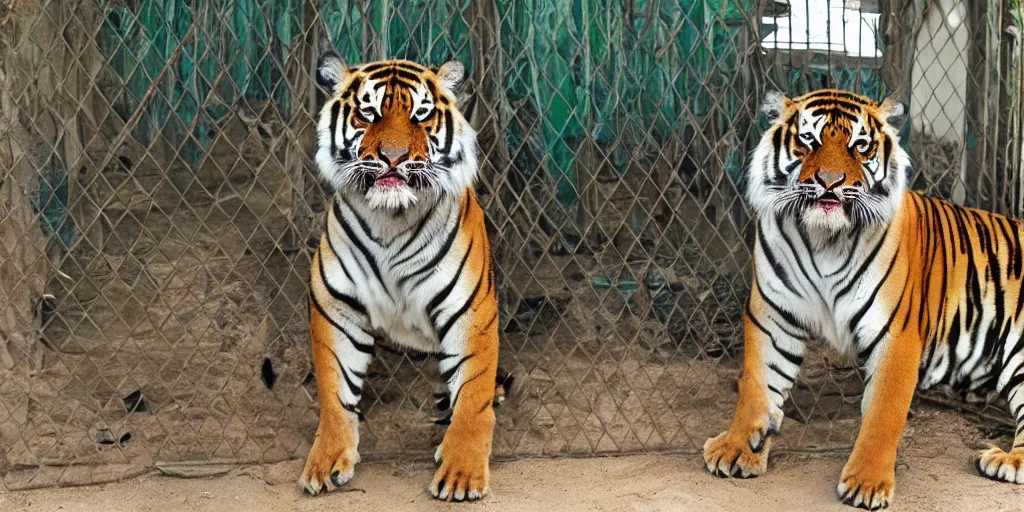 Prompt: joe exotic the tiger king standing in front of a tiger cage, tigers