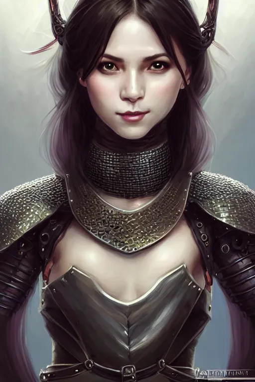 Image similar to Portrait of seductive female fighter, D&D, revealing stylish dress like chainmail and metal plate armor, choker on neck, very long flowing hair, mouth slightly open, cute slightly nerdy smile, fantasy, intricate, elegant, stylish, highly detailed, digital painting, artstation, concept art, smooth, sharp focus, illustration, art by artgerm and greg rutkowski and alphonse mucha