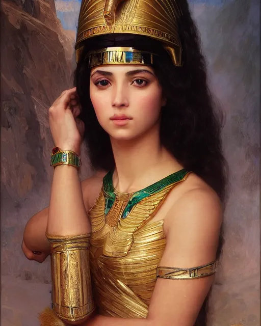 Image similar to Jessica Kahawaty as a beautiful egyptian princess, gorgeous, portrait, powerful, intricate, beautiful, masterpiece, elegant, volumetric lighting, digital painting, highly detailed, artstation, sharp focus, illustration, William-Adolphe Bouguereau, Hajime sorayama, ruan jia