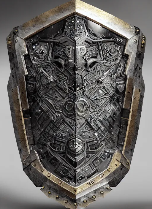 Image similar to hyper realistic glorious ancient shield in a obsidian metal armor, futuristic design, designed by makoto kobayashi and luca zampriolo, cyberpunk style, wood and gold details, intricate, extremely detailed, ornate, deep of field, hard surface, exoskeleton, substance designer metal unreal engine. amazing likeness. very detailed.