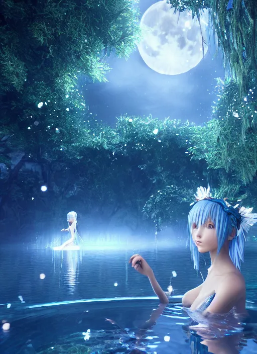 Image similar to beautiful water nymph, wearing magical dress, playing in a lagoon, water reflecting moonlight, magical moon shines overhead, fireflies in air, cinematic shot in the style of final fantasy, cinematic lighting, hyperdetailed, 8 k realistic, symmetrical, global illumination, mysterious light,, unreal engine 5, dof, trending on artstation, digital art, chanel