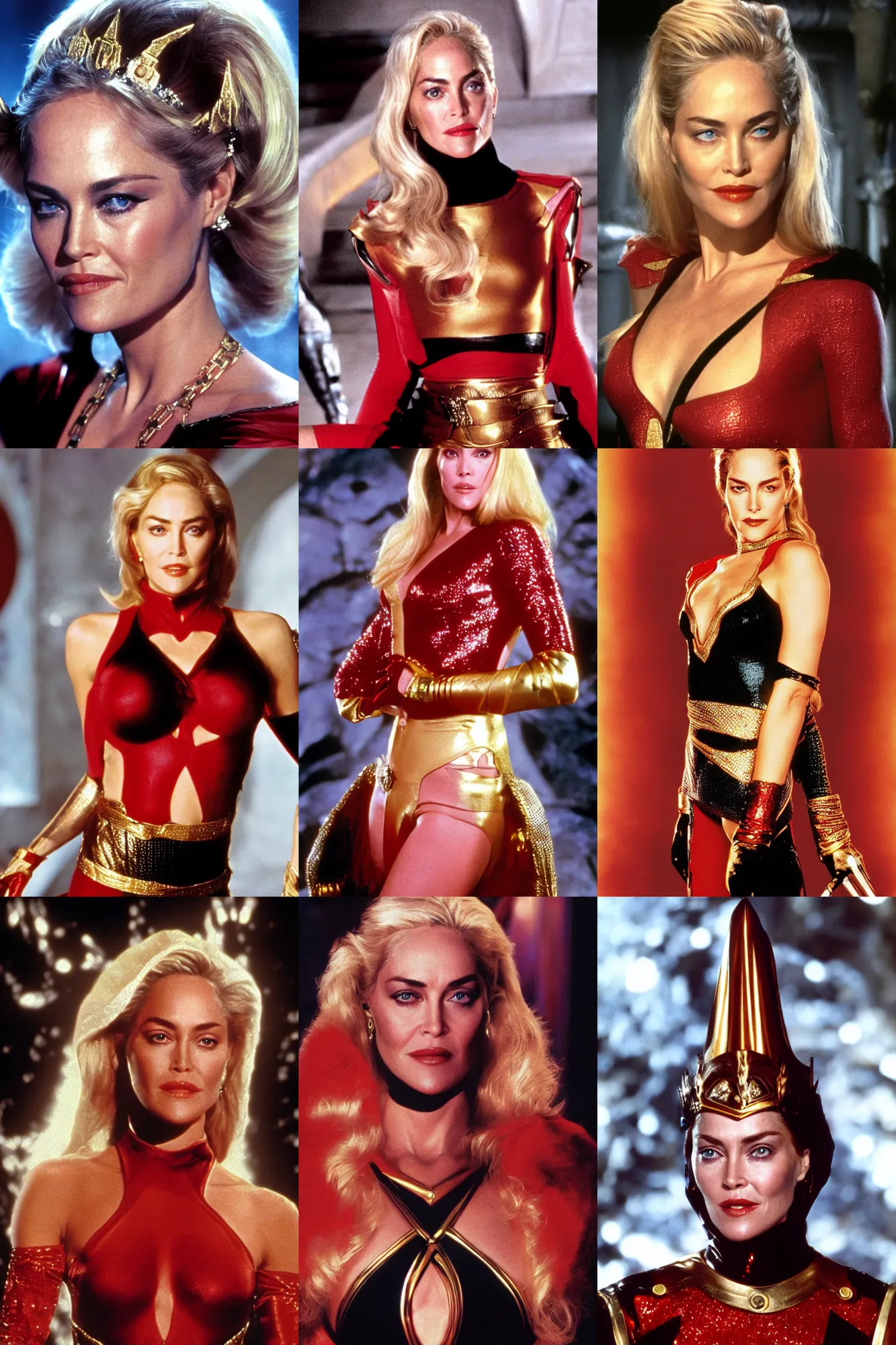 Prompt: Head Shot of Sharon Stone as Princess Aura in Flash Gordon 1980, Red Gold and Black outfit, film still