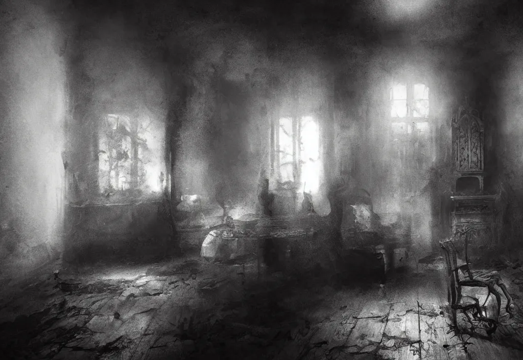 Image similar to eldritch shadows ghosts in a room of a haunted house. realistic, cinematic lighting, octane tender, dark - art