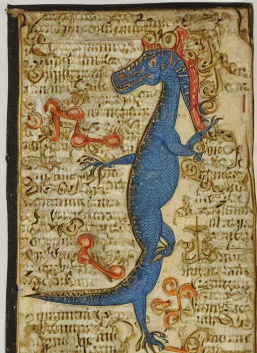 Image similar to a gilded page from an illuminated manuscript, depicting a dinosaur intertwined with the letter S, other dinosaurs along the bottom of the page, hand drawn, Master of Imola c. 1275, highly detailed