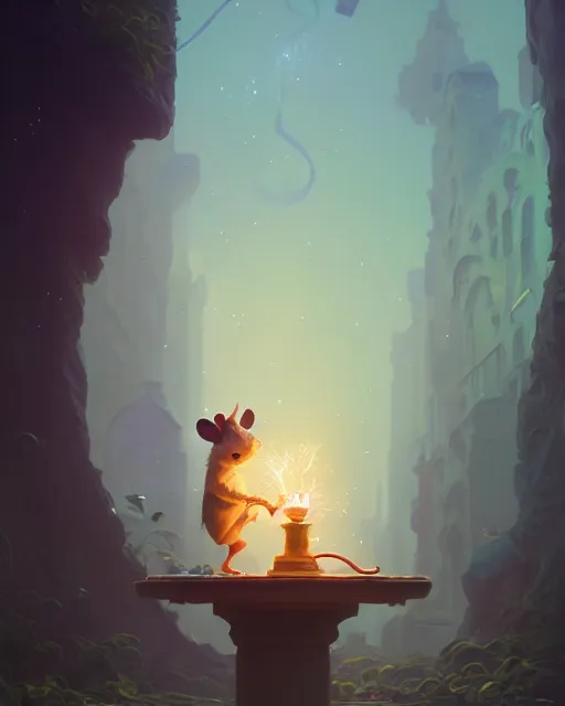 Image similar to highly detailed vfx portrait of a cute little rat casting light magic, unreal engine, greg rutkowski, loish, rhads, beeple, makoto shinkai and lois van baarle, ilya kuvshinov, rossdraws, tom bagshaw, alphonse mucha, global illumination, detailed and intricate environment