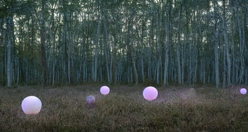 Image similar to softly glowing orbs of soft pastel light floating above the forest floor at twilight, illuminating the surrounding scenery