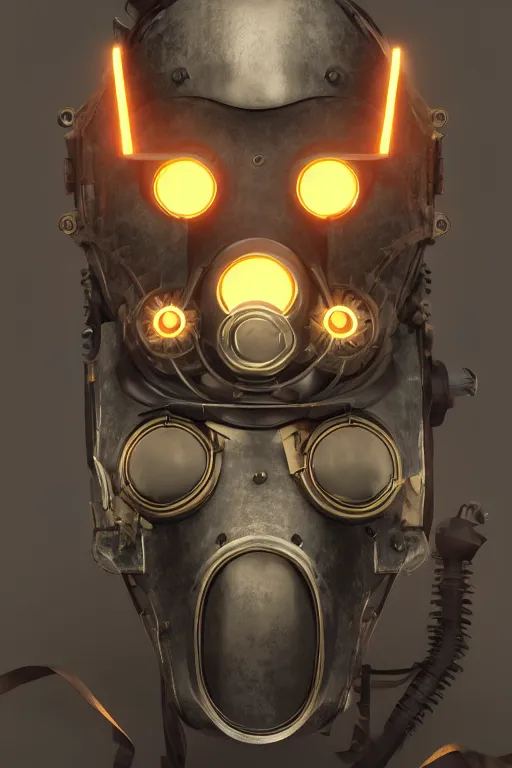 Image similar to steampunk mask minimalist fantasy art robot ninja helmet, global illumination ray tracing hdr fanart arstation by sung choi and eric pfeiffer and gabriel garza and casper konefal radiating a glowing aura