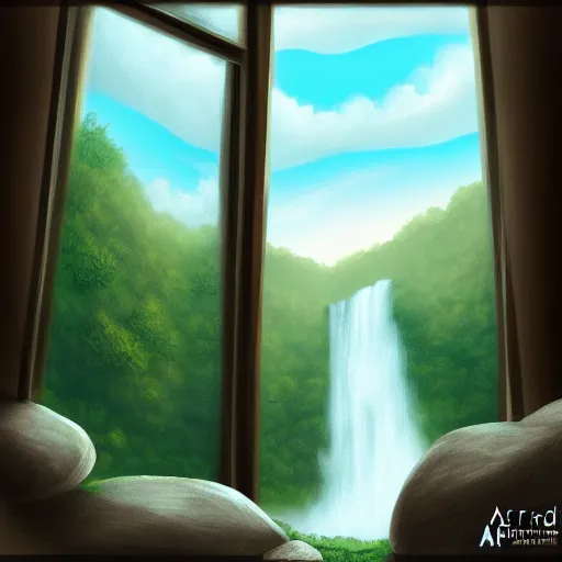 Image similar to a beautiful landscape including a waterfall and a forest through a window, cat sitting on the edge of the window, illustration, digital art, trending on artstation, no signature