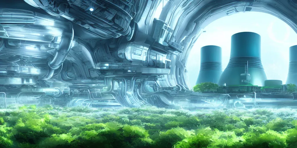 Image similar to beautiful scifi power plant, limitless energy inside, white city far away, blue sky, alien round shape, green plants, futuristic, magical feeling, detailed, digital art