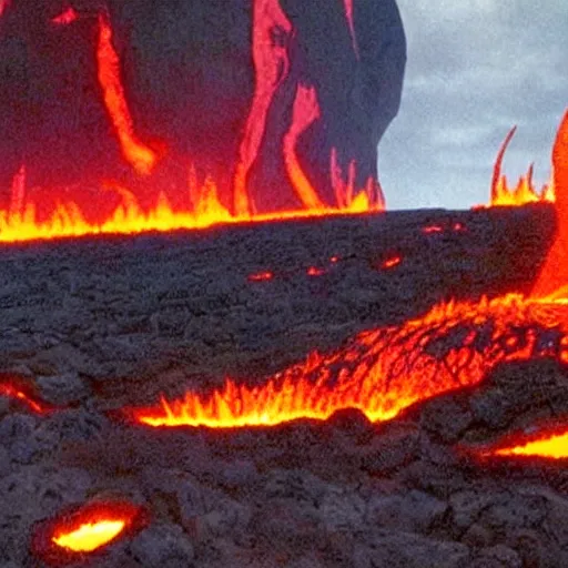 Image similar to movie still of an epic battle, lava in the background, highly-detailed, establishing shot