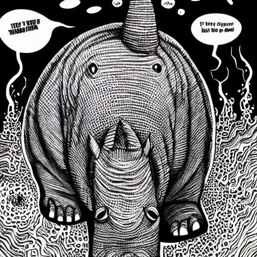 Image similar to black and white trippy comic art of a rhino, lots of particles, drawn by Martin Rowson, Tim Burton, Studio Ghibli, Alex Pardee, Nekro Petros Afshar, James McDermott, cgsociety 4K