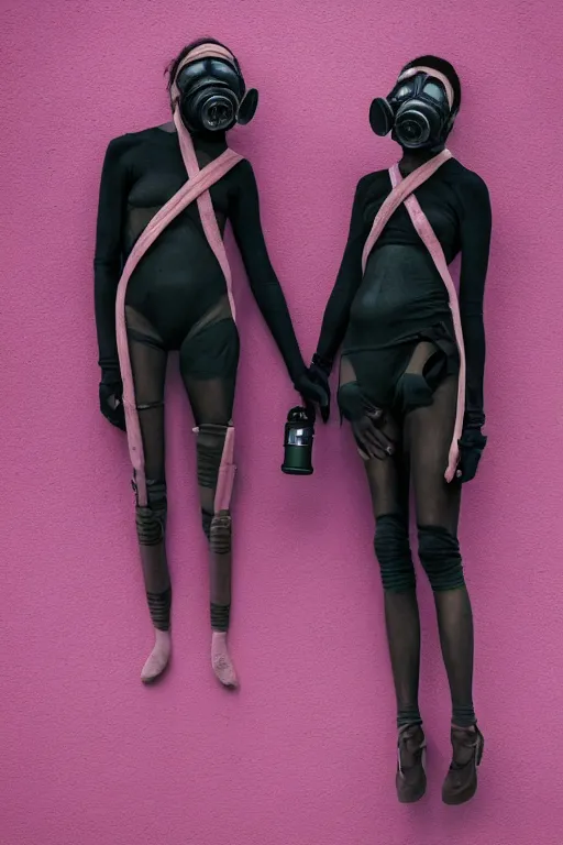 Image similar to a surreal portrait of intertwined and contorted figures wearing gas mask next to a pink wall in the style of brooke didonato, editorial fashion photography from vogue magazine, full shot, nikon d 8 1 0, ƒ / 2. 5, focal length : 8 5. 0 mm, exposure time : 1 / 8 0 0, iso : 2 0 0