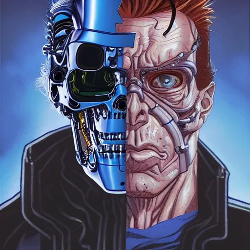 Image similar to terminator rick sanchez portrait by charles vess and james jean and erik jones and rhads, inspired by terminator, beautiful fine face features, intricate high details, sharp, ultradetailed