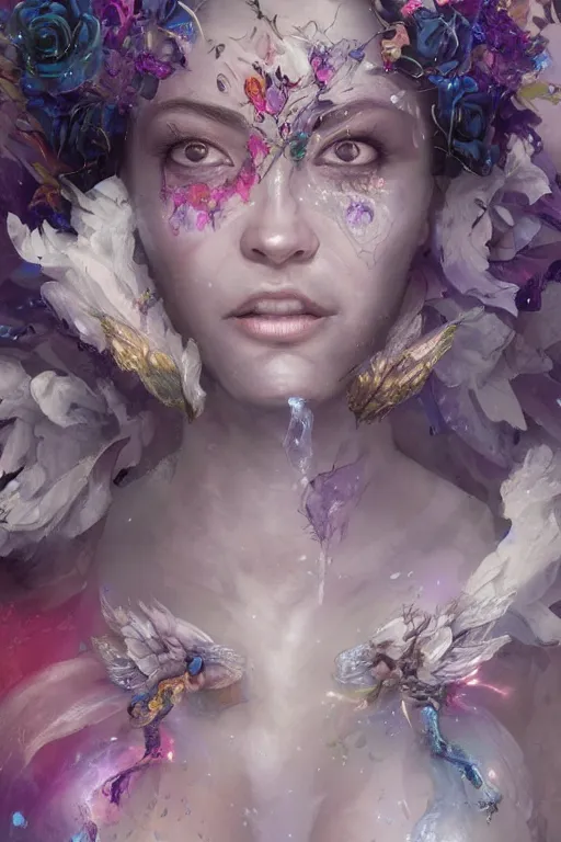 Image similar to face closeup covered with abstract flowers of extremely beautiful girl necromancer, magical fairy flowers and ice velvet, diamonds, angels, 3 d render, hyper - realistic detailed portrait, holding fire and electricity rainbow, ruan jia, wlop. scifi, fantasy, magic the gathering, hyper detailed, octane render, concept art, peter mohrbacher