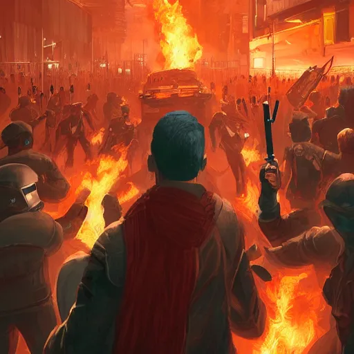 Image similar to angry rioters with placards, detailed digital illustration by greg rutkowski, fire, android netrunner