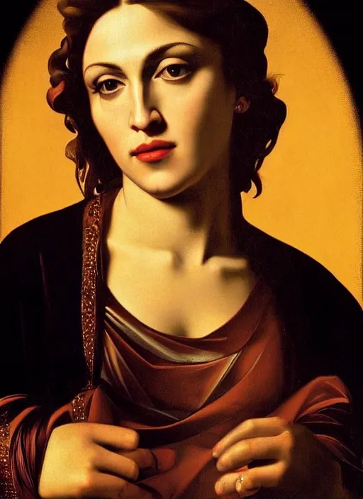 Prompt: portrait of madonna in a golden hour lighting, painted by the caravaggio, 8 k extremely realistic and highly detailed