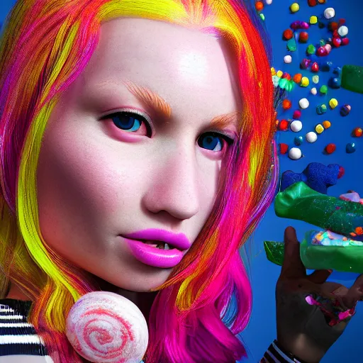 Prompt: portrait of an albino woman eating a lot of candy, unreal engine octane, colorful, hyper detailed, 50mm