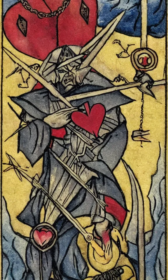 Prompt: tarot card, 3 swords. The Three of Swords shows a heart pierced by three swords, representing the pain inflicted by words, actions and intent on the emotional and physical self. The dark clouds gathering in the background mirror this pain but offer the hope that, just as the storm clouds will disappear, so too will the pain and hurt you are experiencing. Heartbreak, emotional pain, sorrow, grief, hurt, Negative self-talk, releasing pain, optimism, forgiveness. Art by Mucha, studio ghibli, anime, manga