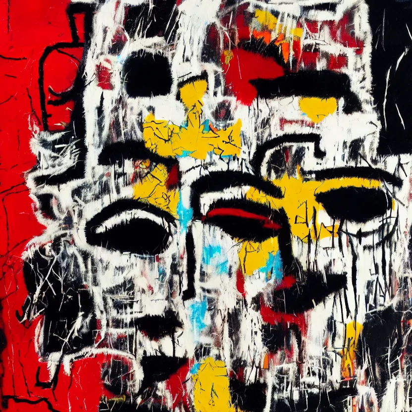 Image similar to gritty splattered punk painting of a geometric face with surprised expression on a black background, painted by basquiat. dark background. trending on artstation.