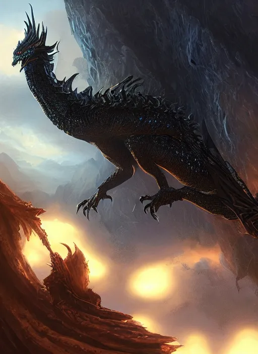 Image similar to one epic Black dragon with shiny scales guarding a dragon egg , dramatic lighting, cinematic, establishing shot, extremly high detail, photo realistic, cinematic lighting, post processed, concept art, artstation, matte painting, style by eddie mendoza, raphael lacoste, alex ross