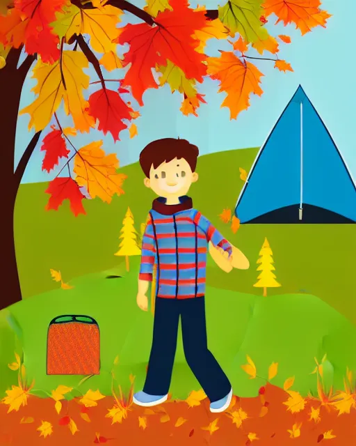 Image similar to autumn hillside boy with camping bag illustration light color