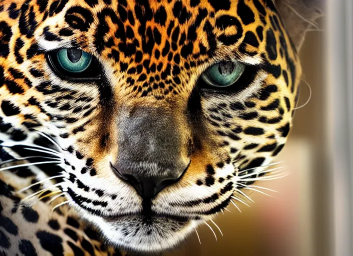 Image similar to photography of a Jaguar Cat . watching outside the window. on a bed. in a 70's room full of vinyls and posters, photorealistic, award winning photo, 100mm, sharp, high res