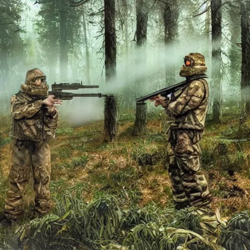 Image similar to “ soldiers shooting at frogs in finnish forest, trees, swamp ”