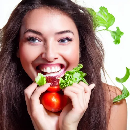 Prompt: close up headshot of a happy woman eating salad, stock photograph, studio lighting, 4k, beautiful symmetric face, beautiful gazing eyes