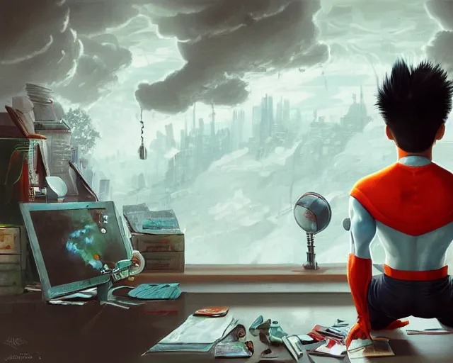 Image similar to an insanely detailed painting of a nerdy asian man wearing a superhero costume, sitting at a desk, staring at the nervously at the computer and typing, in the style of peter mohrbacher, dramatic lighting and composition, surreal background, octane render, pixar, trending on artstation, concept art, comic book, view from behind