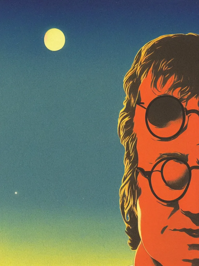 Image similar to a closeup portrait of john lennon, a ufo, taking mind altering drugs, a blotter paper of lsd acid and dreaming psychedelic hallucinations in a new mexico desert landscape, by kawase hasui, moebius, edward hopper, colorful flat surreal design, dramatic lighting, hd, 8 k, artstation