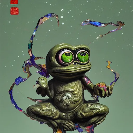 Image similar to plasticine wet shiny angles, crystal, moonlit, mirrors, camera angled dramatically, realistic hyperdetailed design of pepe the frog meme, ferocious, chinese mythology, victo nga, fumo yoshitoshi, ren jing jeong, feifei ruan, peter mohrbacher, takato yamamoto