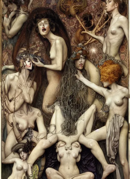 Prompt: hyper realistic painting of the funeral, detailed faces, veil, in the style of mc escher, austin osman spare, wayne barlowe, gustav moreau, goward, gaston bussiere and roberto ferri, santiago caruso, bouguereau, mucha, saturno butto, sorayama. occult art, alchemical diagram