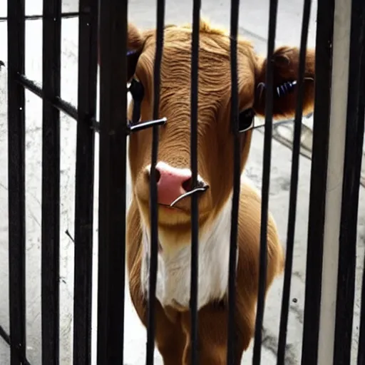 Image similar to cute calf dressed as an inmate behind bars