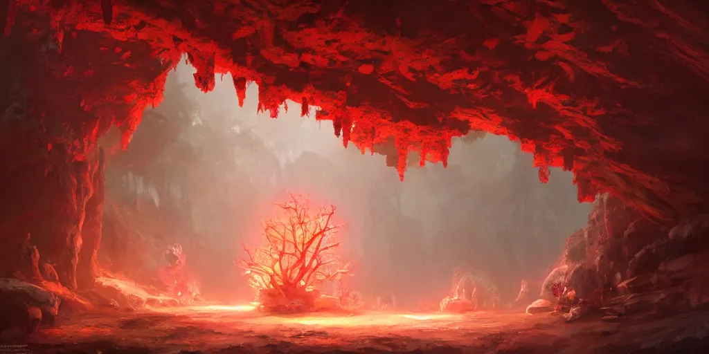 Image similar to entrance to small cave inside the forest, large glowing red crystalline sprouts growing. In style of Greg Rutkowski, Jesper Ejsing, Makoto Shinkai, trending on ArtStation, fantasy, great composition, concept art, highly detailed, scenery, 8K, Behance.