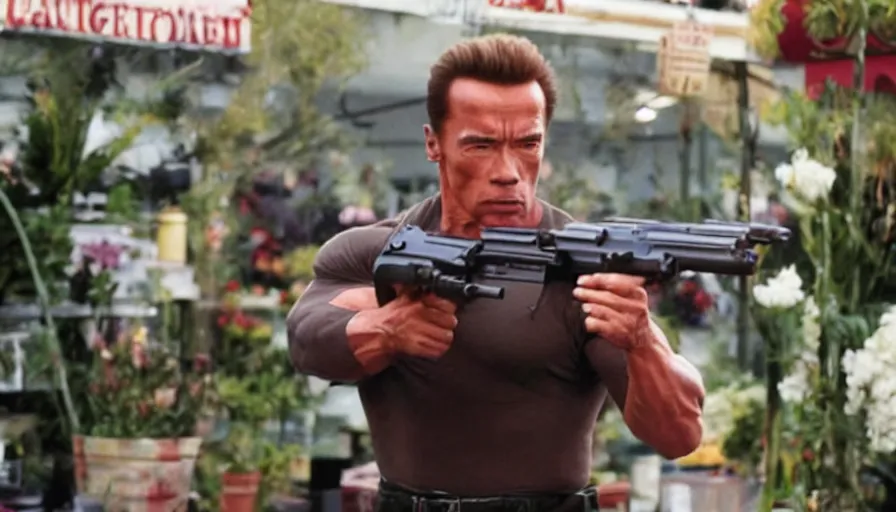 Image similar to big budget action movie where arnold schwarzenegger shoots a minigun at a florist.